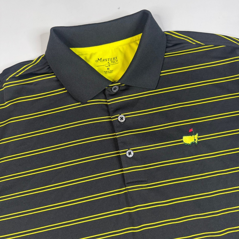 Masters Tech Polo Shirt Mens Medium Black Yellow Striped Performance Golf Top